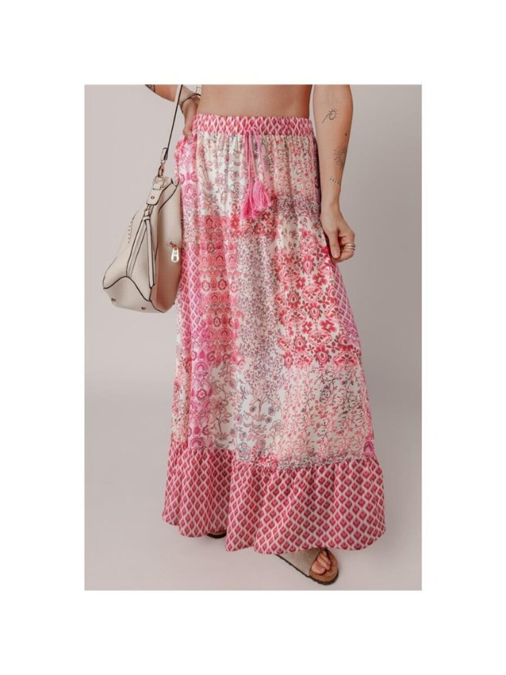Printed Tassel Drawstring High Waist Maxi Skirt